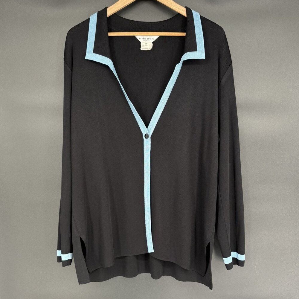 Vintage Misook Women's Professional Cardigan 1x Black With Blue Trim Officewear